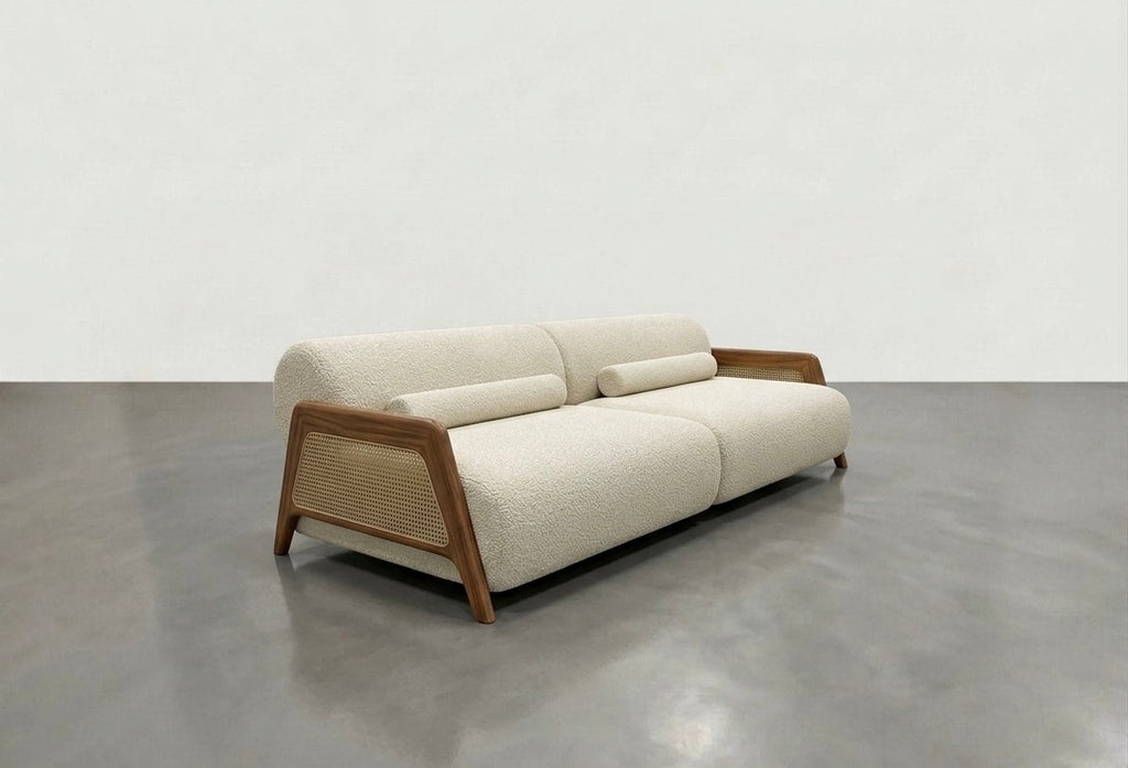 Mid-Century Modern Bouclé Fabric Sofa with Walnut Finish Wood Frame and Woven Cane