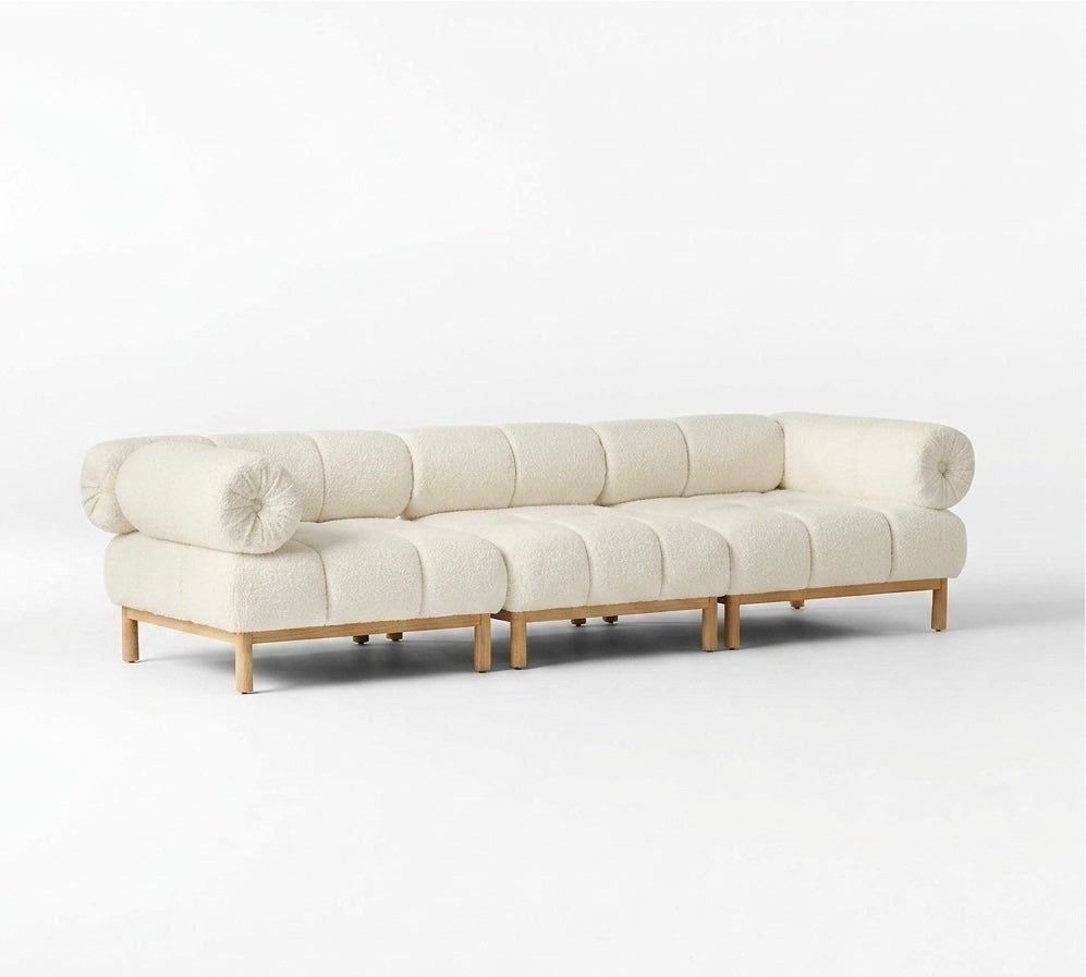 BLACK OAK Alara Modular Channel-Tufted Boucle Sectional Sofa with Wooden Base (Off White)