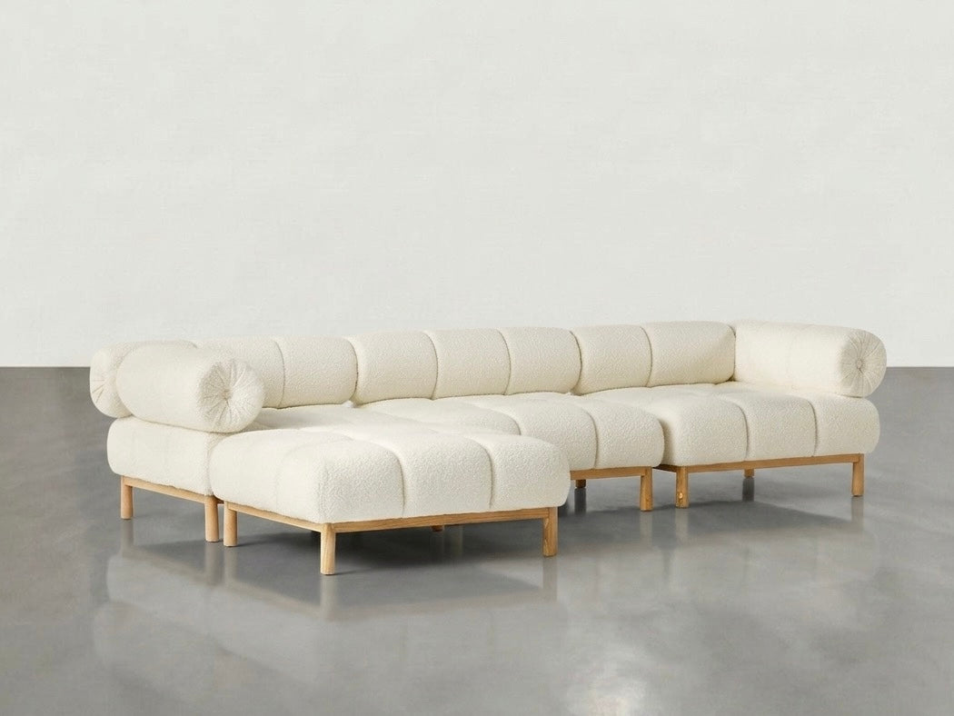 BLACK OAK Alara Modular Channel-Tufted Boucle Sectional Sofa with Wooden Base (Off White)