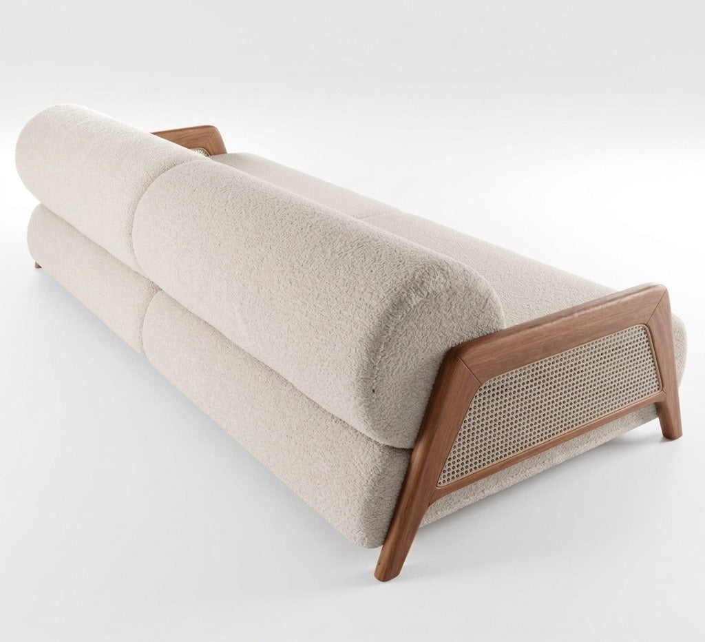 Mid-Century Modern Bouclé Fabric Sofa with Walnut Finish Wood Frame and Woven Cane