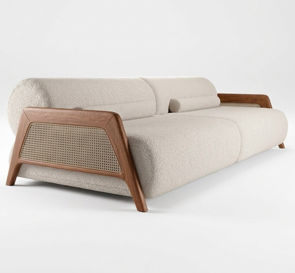 Mid-Century Modern Bouclé Fabric Sofa with Walnut Finish Wood Frame and Woven Cane