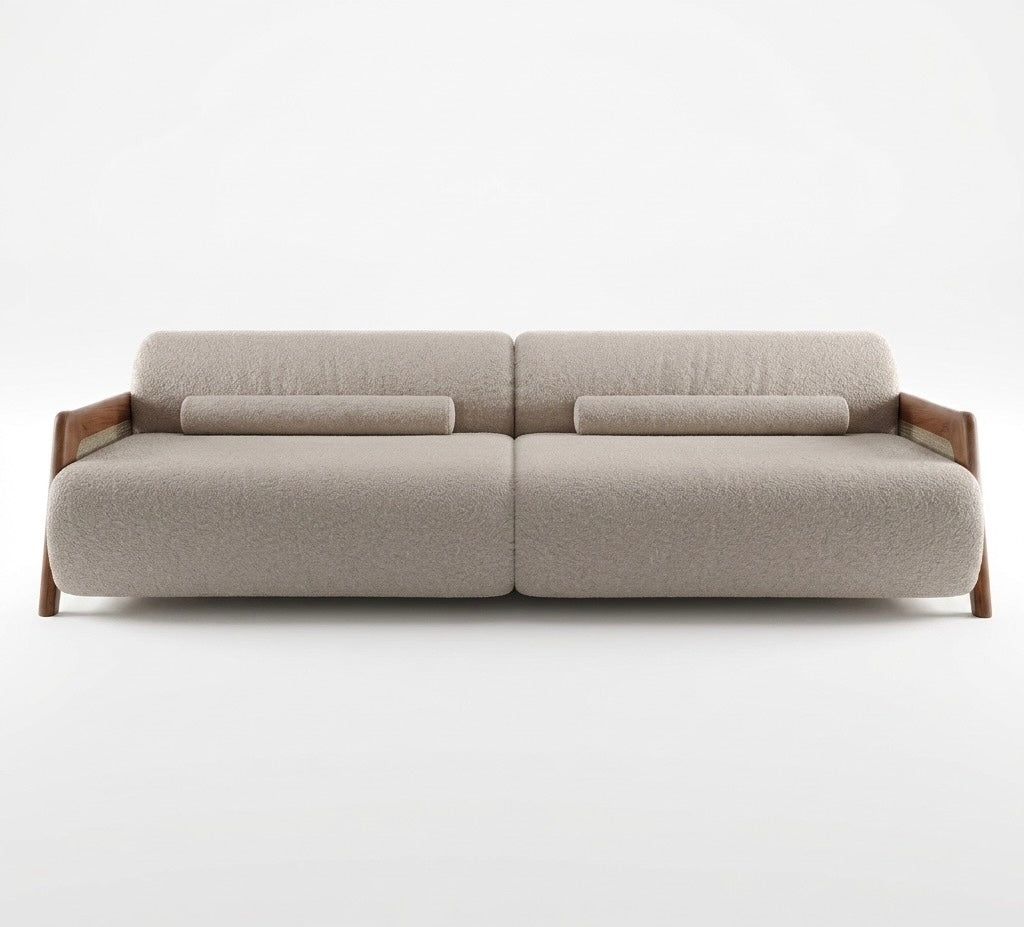 Mid-Century Modern Bouclé Fabric Sofa with Walnut Finish Wood Frame and Woven Cane