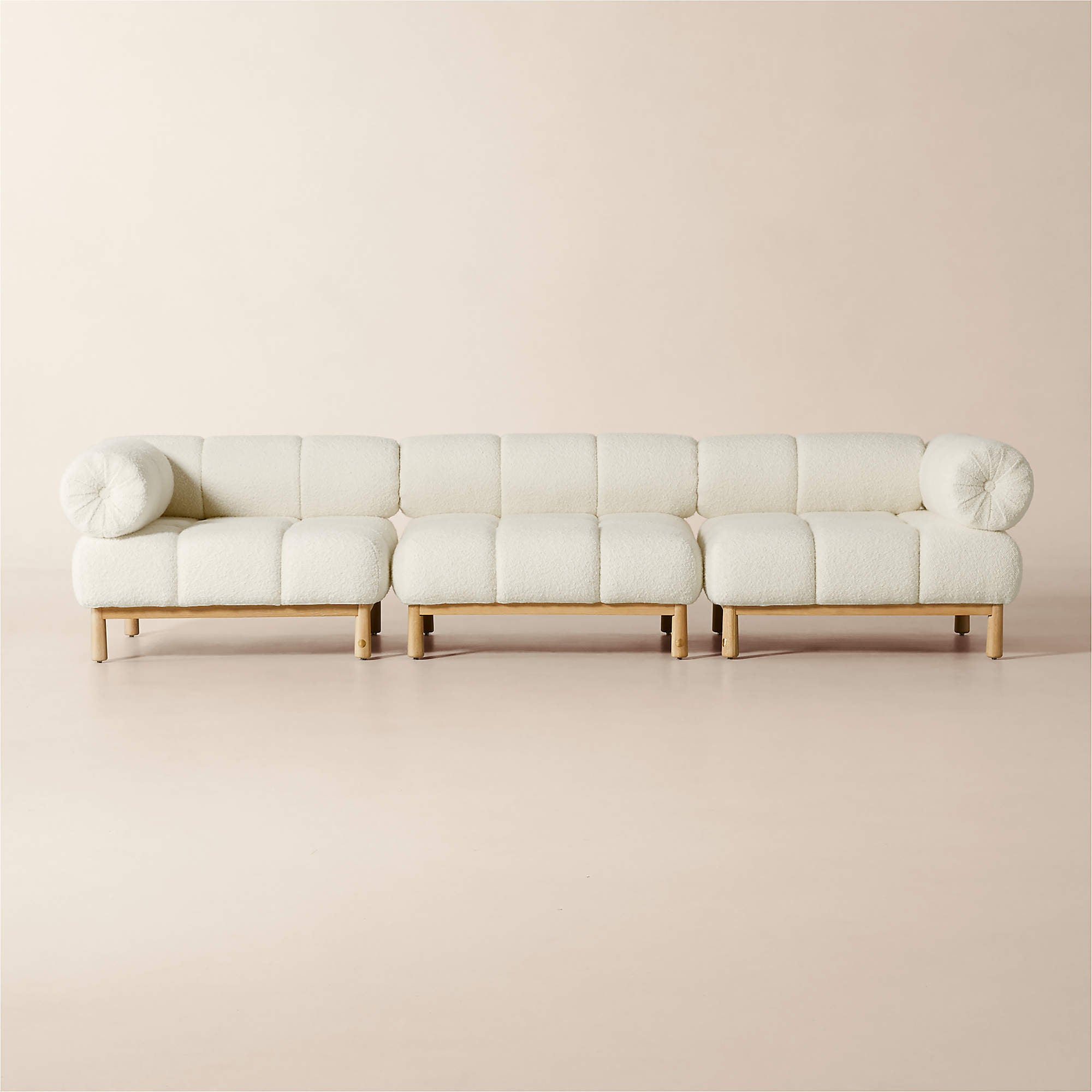 BLACK OAK Alara Modular Channel-Tufted Boucle Sectional Sofa with Wooden Base (Off White)