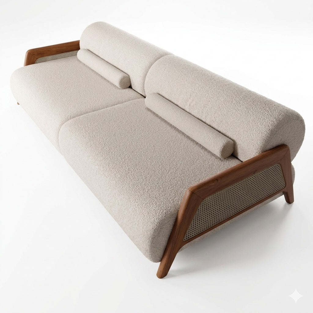 Mid-Century Modern Bouclé Fabric Sofa with Walnut Finish Wood Frame and Woven Cane