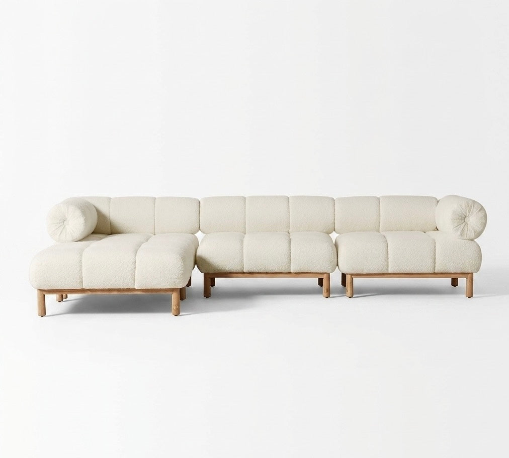 BLACK OAK Alara Modular Channel-Tufted Boucle Sectional Sofa with Wooden Base (Off White)