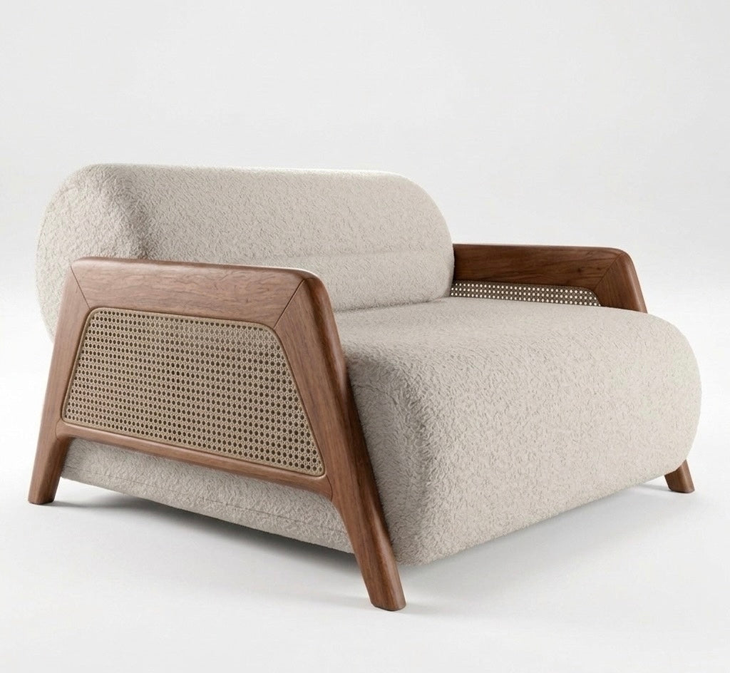 Mid-Century Modern Bouclé Fabric Sofa with Walnut Finish Wood Frame and Woven Cane
